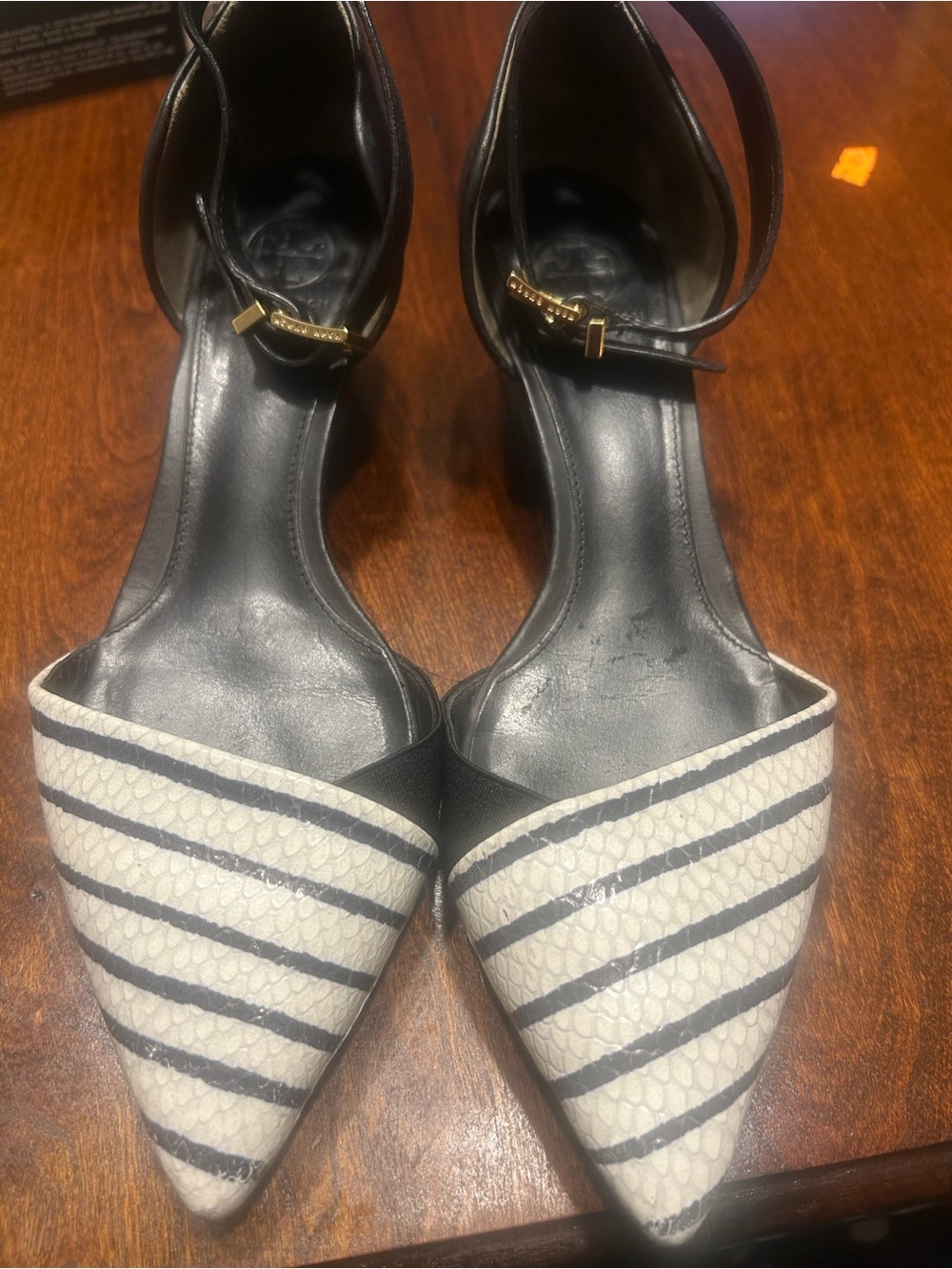 Tory Burch Striped Pointed-Toe Ankle-Strap Heels in Black and White